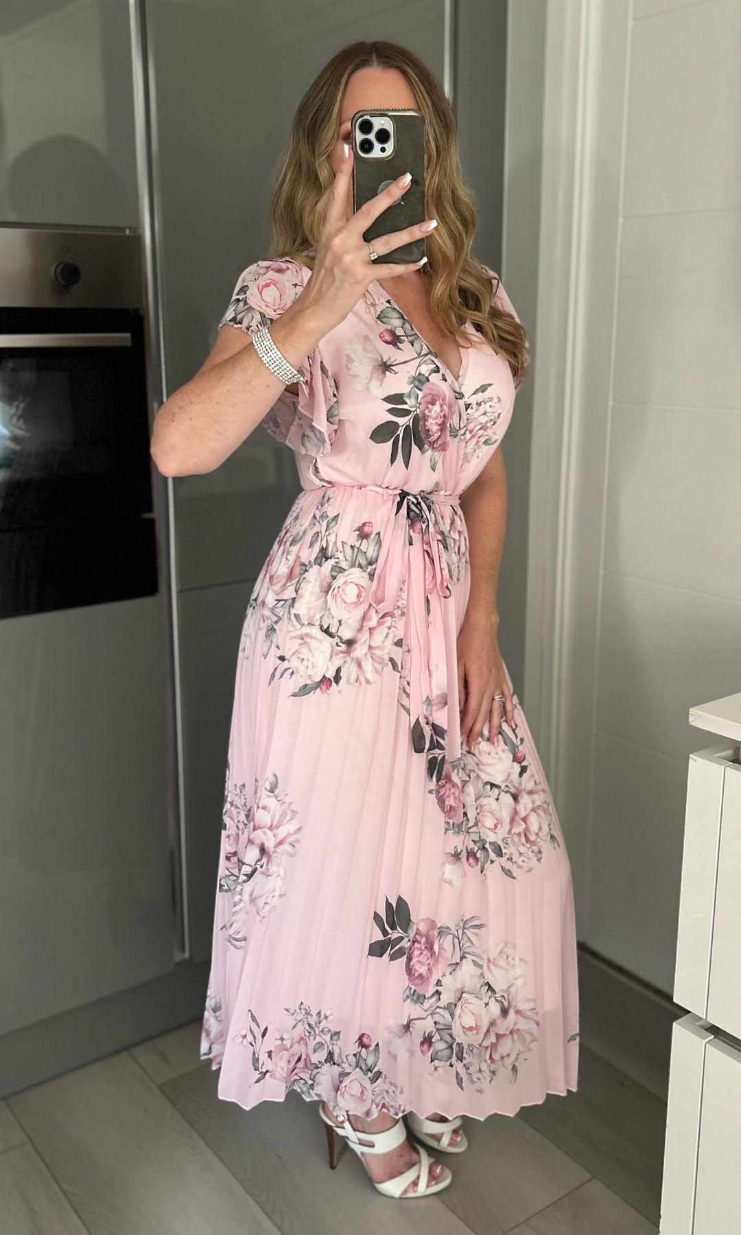 Amalfi Coast Baby Pink Floral Chiffon Short Sleeve Pleated Belted Maxi Dress - CHECK BELT INFO