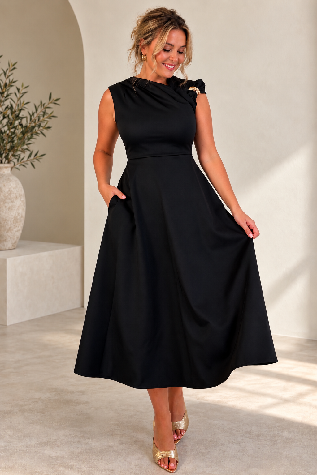 Alexandra Black Asymmetric Neck Midi Dress with Gold Trim