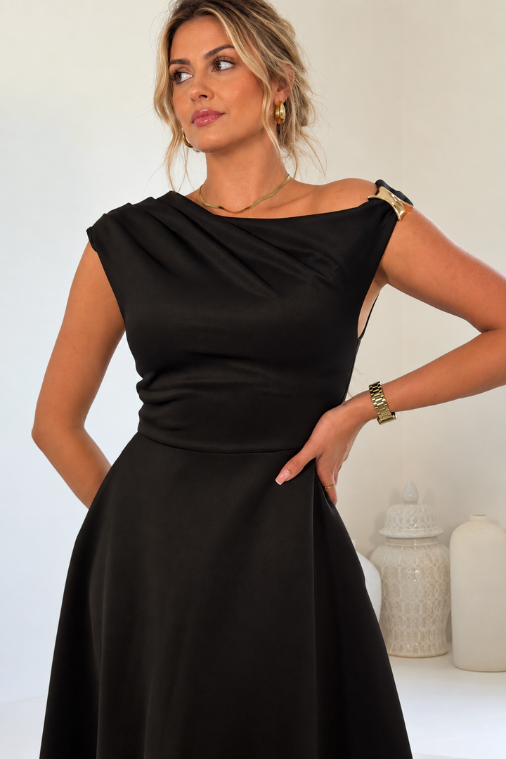 Alexandra Black Asymmetric Neck Midi Dress with Gold Trim