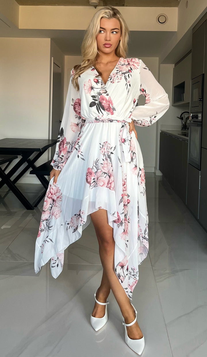 Dream Girl White Floral Waterfall Hem Chiffon Mini/Midi Dress