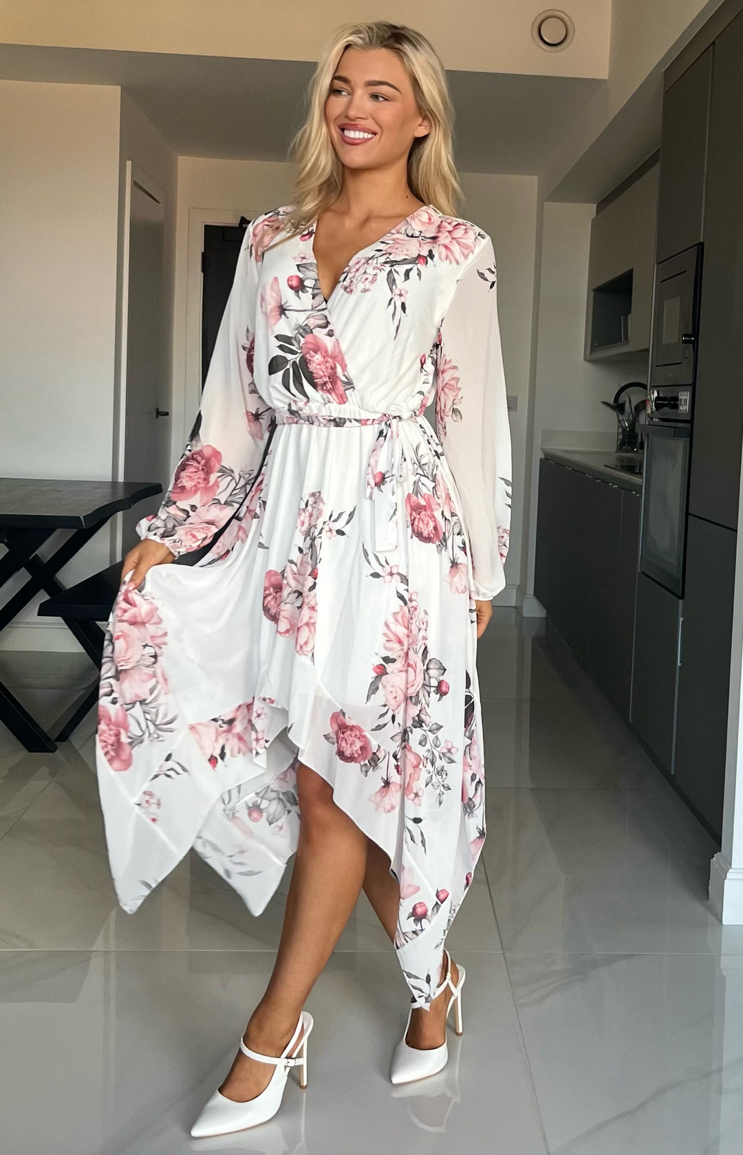 Dream Girl White Floral Waterfall Hem Chiffon Mini/Midi Dress