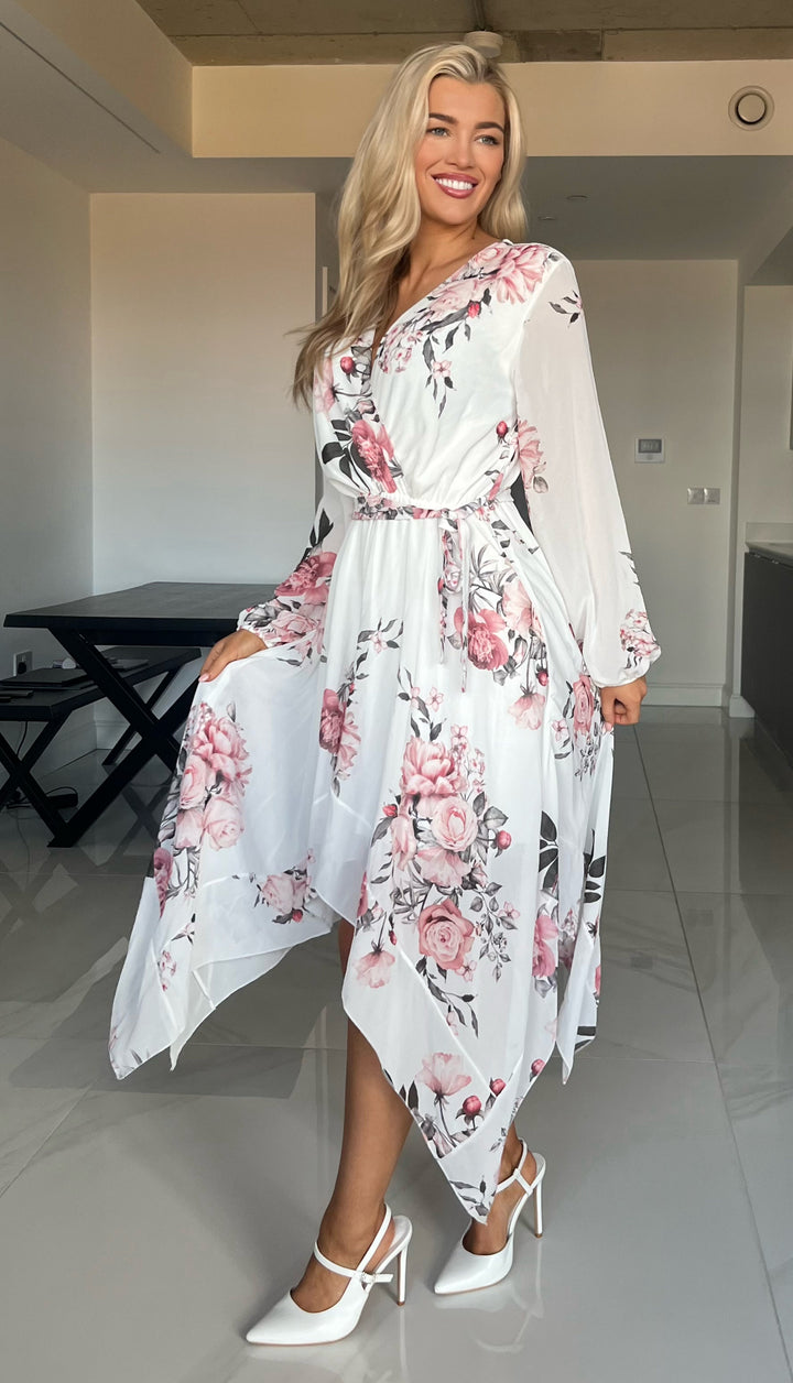 Dream Girl White Floral Waterfall Hem Chiffon Mini/Midi Dress