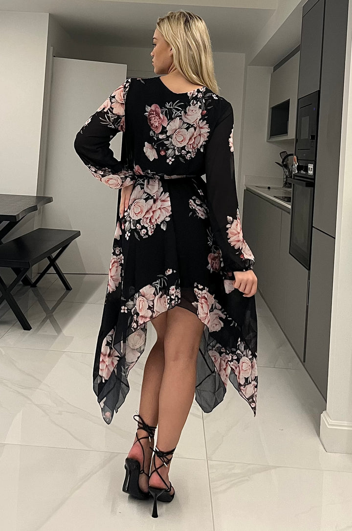 Dream Girl Black Floral Waterfall Hem Chiffon Midi Dress