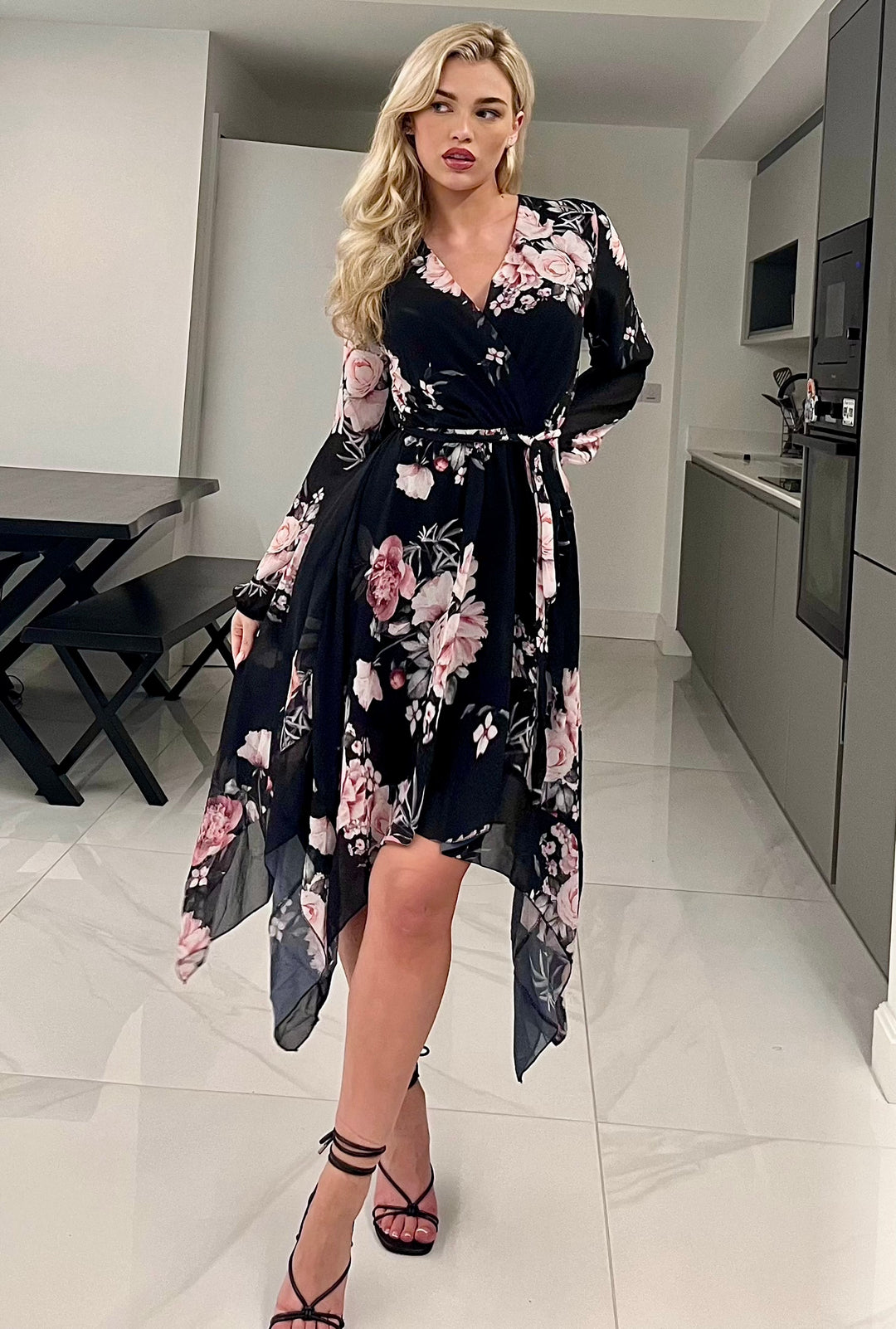 Dream Girl Black Floral Waterfall Hem Chiffon Midi Dress