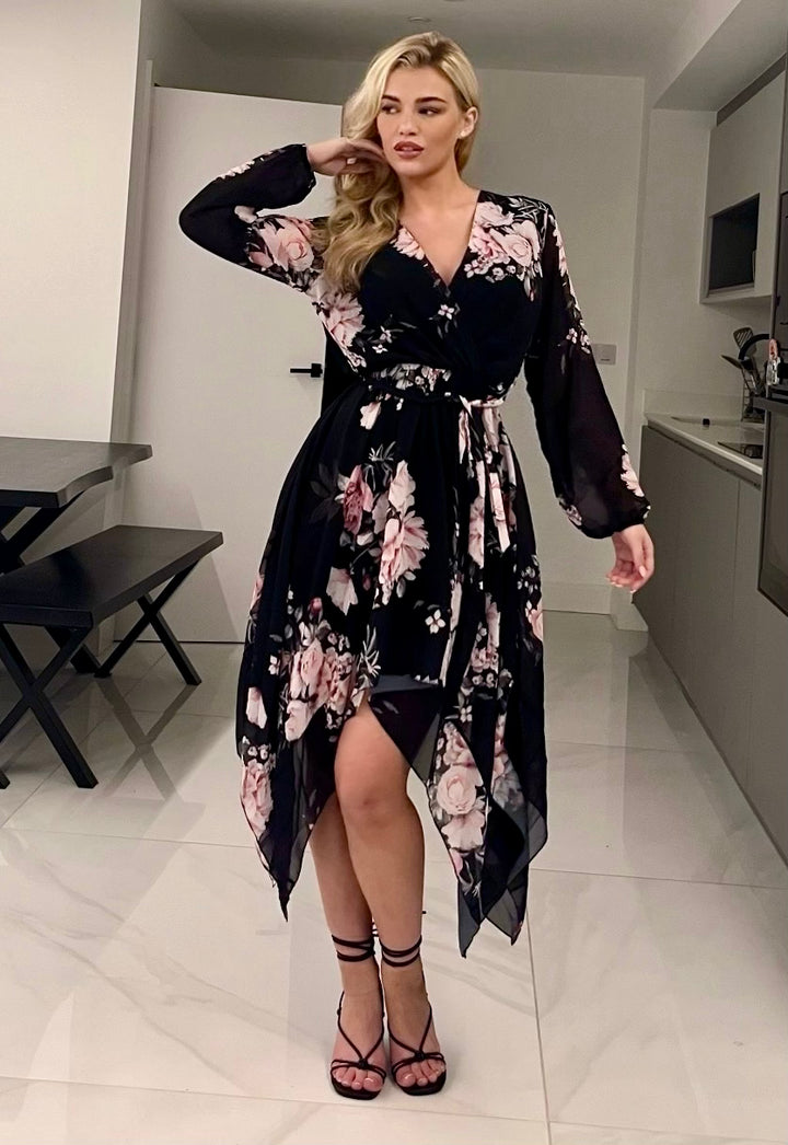 Dream Girl Black Floral Waterfall Hem Chiffon Midi Dress