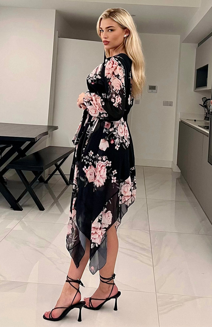 Dream Girl Black Floral Waterfall Hem Chiffon Midi Dress