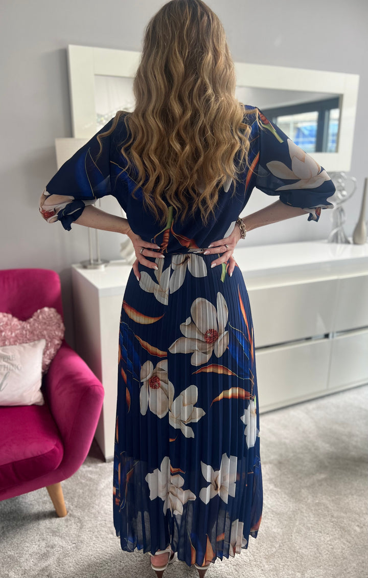 Elle Bright Navy Blue Floral Chiffon Pleated Belted 3/4 Length Sleeve Maxi Dress - 2 LENGTHS