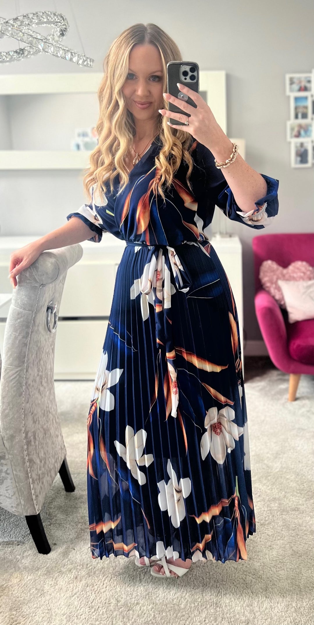 Elle Bright Navy Blue Floral Chiffon Pleated Belted 3/4 Length Sleeve Maxi Dress - 2 LENGTHS