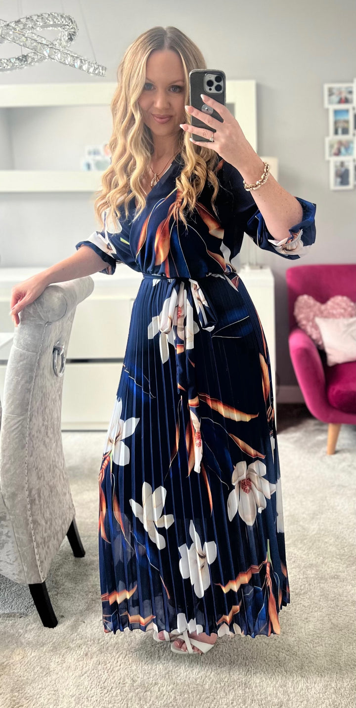 Elle Bright Navy Blue Floral Chiffon Pleated Belted 3/4 Length Sleeve Maxi Dress - 2 LENGTHS