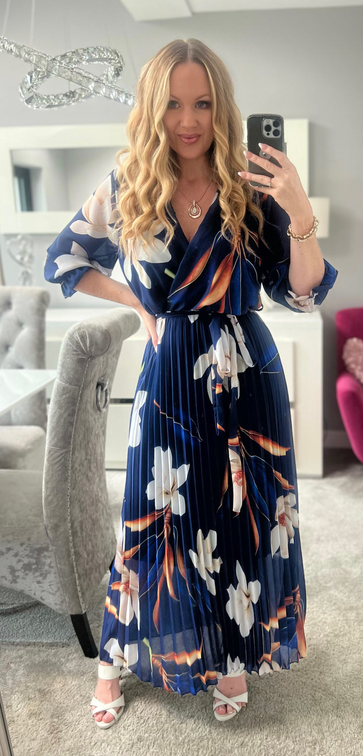 Elle Bright Navy Blue Floral Chiffon Pleated Belted 3/4 Length Sleeve Maxi Dress - 2 LENGTHS