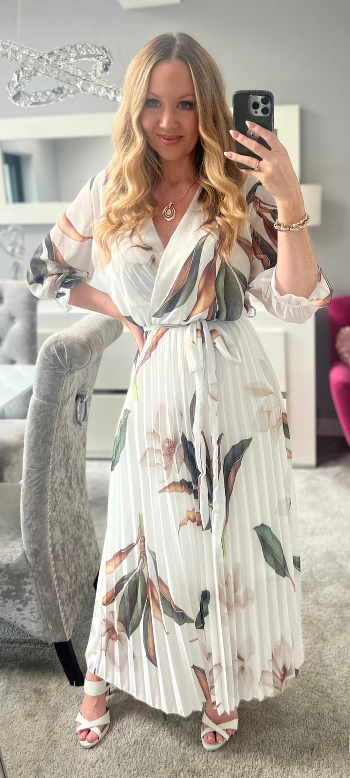 Elle Ivory Floral Chiffon Pleated Belted 3/4 Length Sleeve Maxi Dress