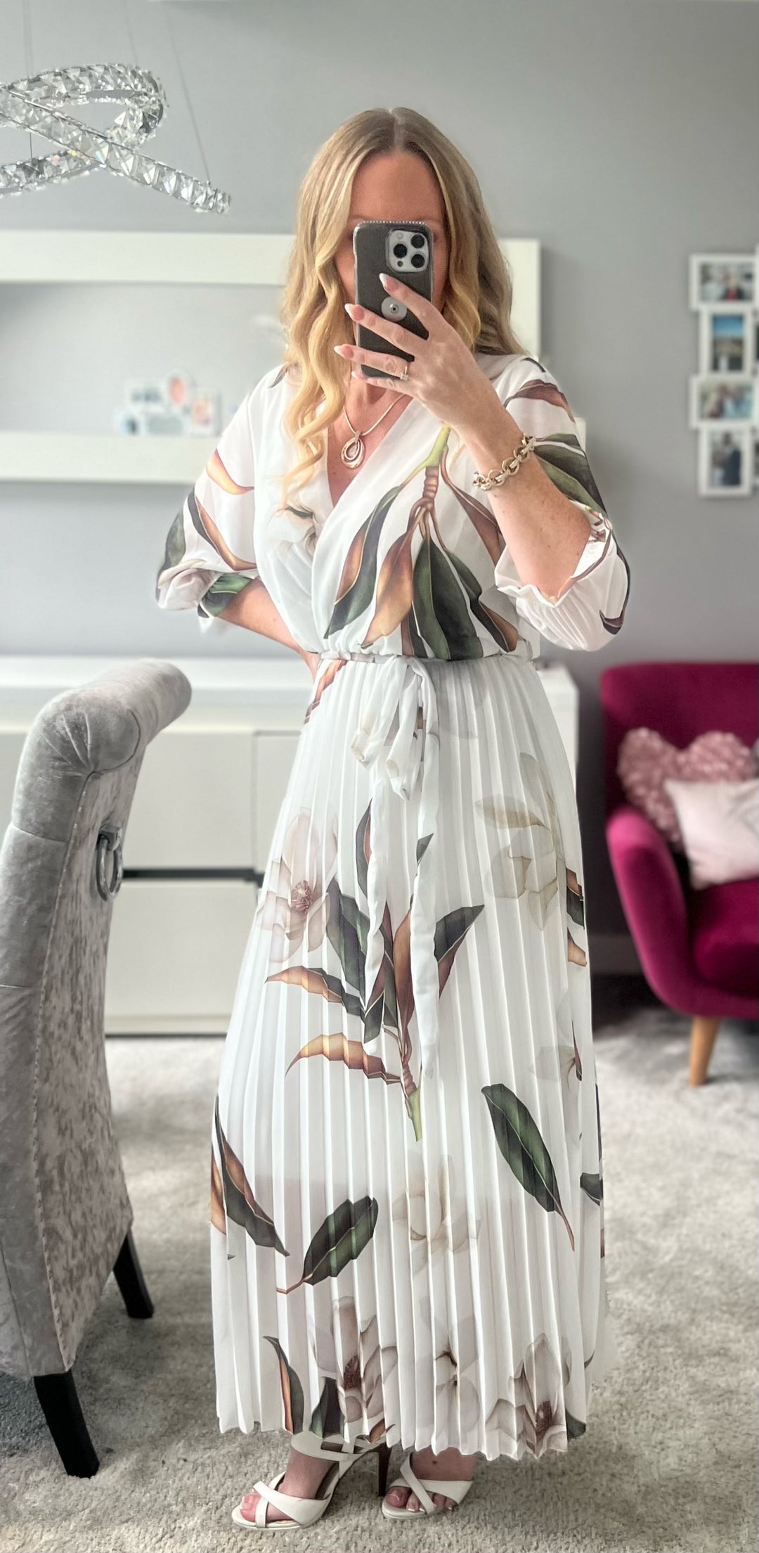 Elle Ivory Floral Chiffon Pleated Belted 3/4 Length Sleeve Maxi Dress