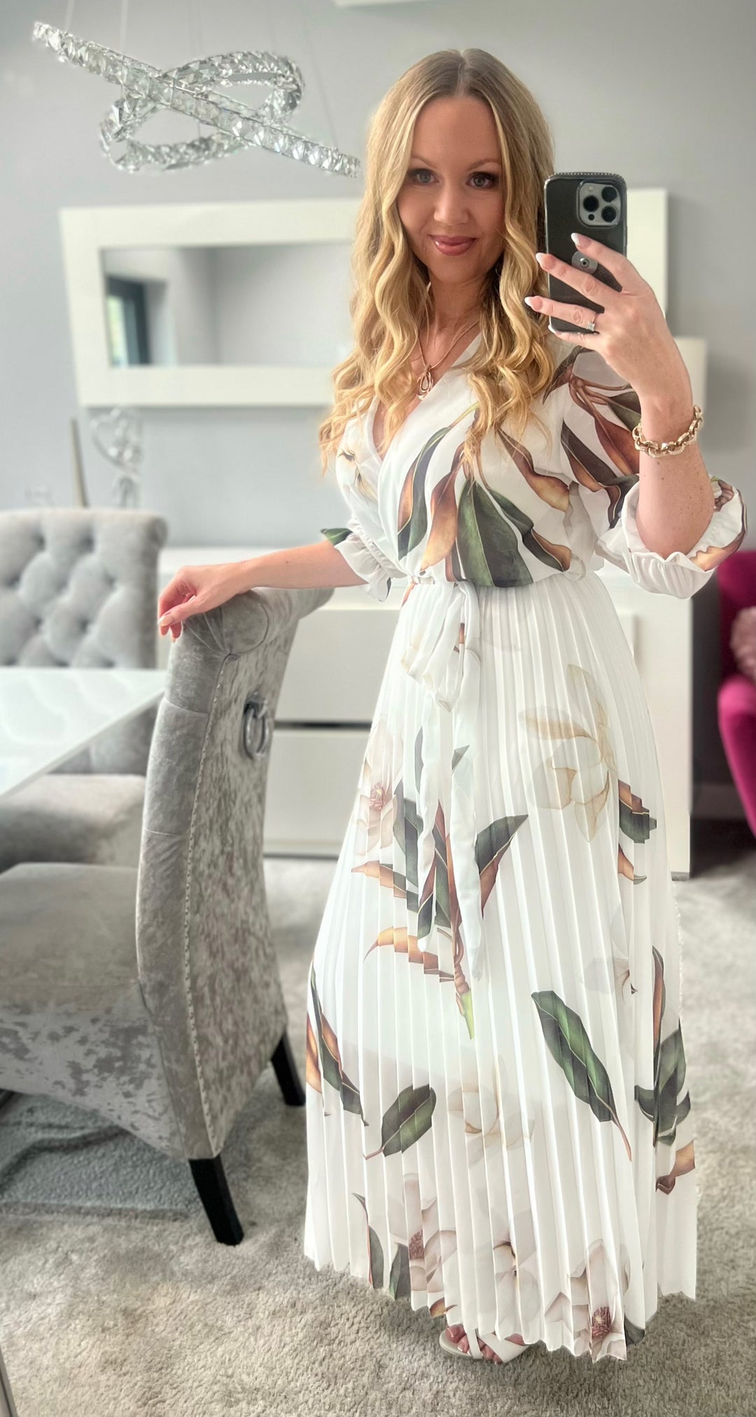 Elle Ivory Floral Chiffon Pleated Belted 3/4 Length Sleeve Maxi Dress