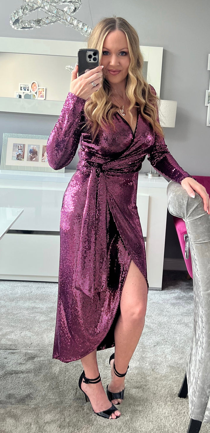 All That Glitters Burgundy Pink Sequin Long Sleeve Wrap Midi Dress
