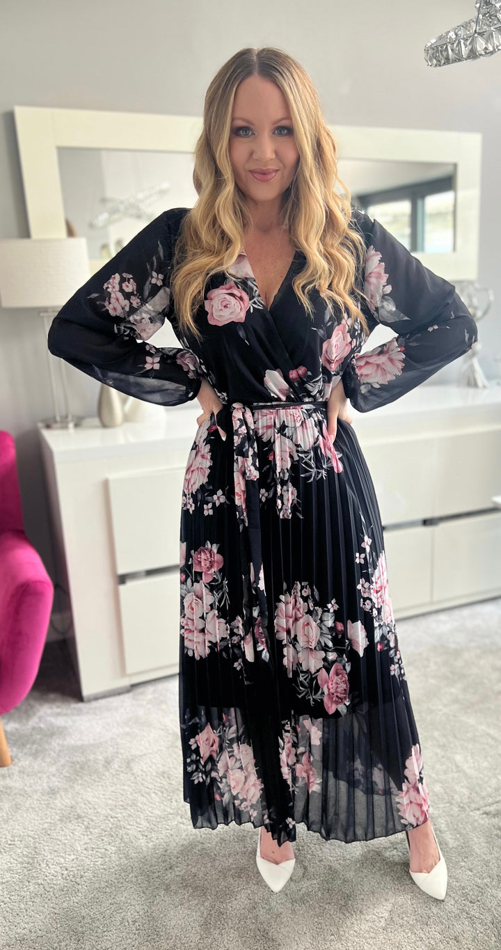 Amalfi Coast Black & Pale Pink Floral Chiffon Long Sleeve Pleated Belted Maxi Dress