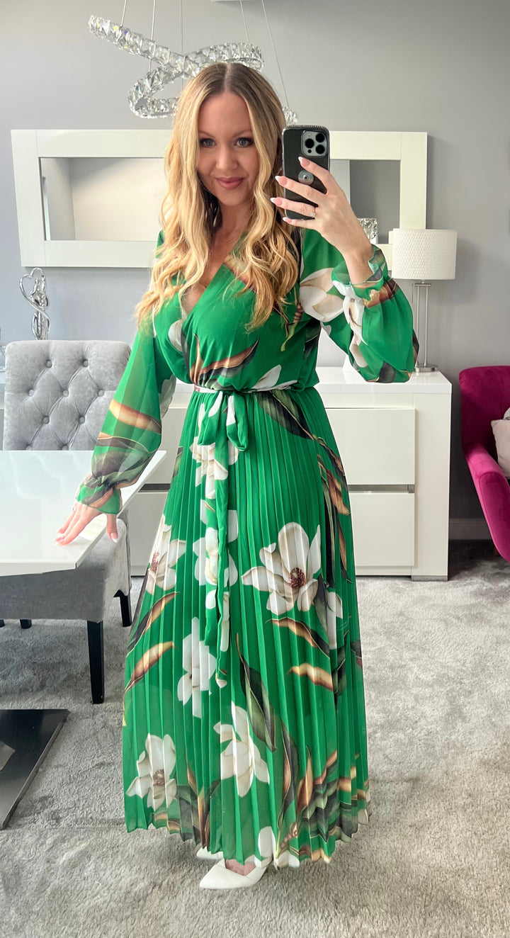 Elle Deep Green Floral Chiffon Pleated Long Sleeve Maxi Dress