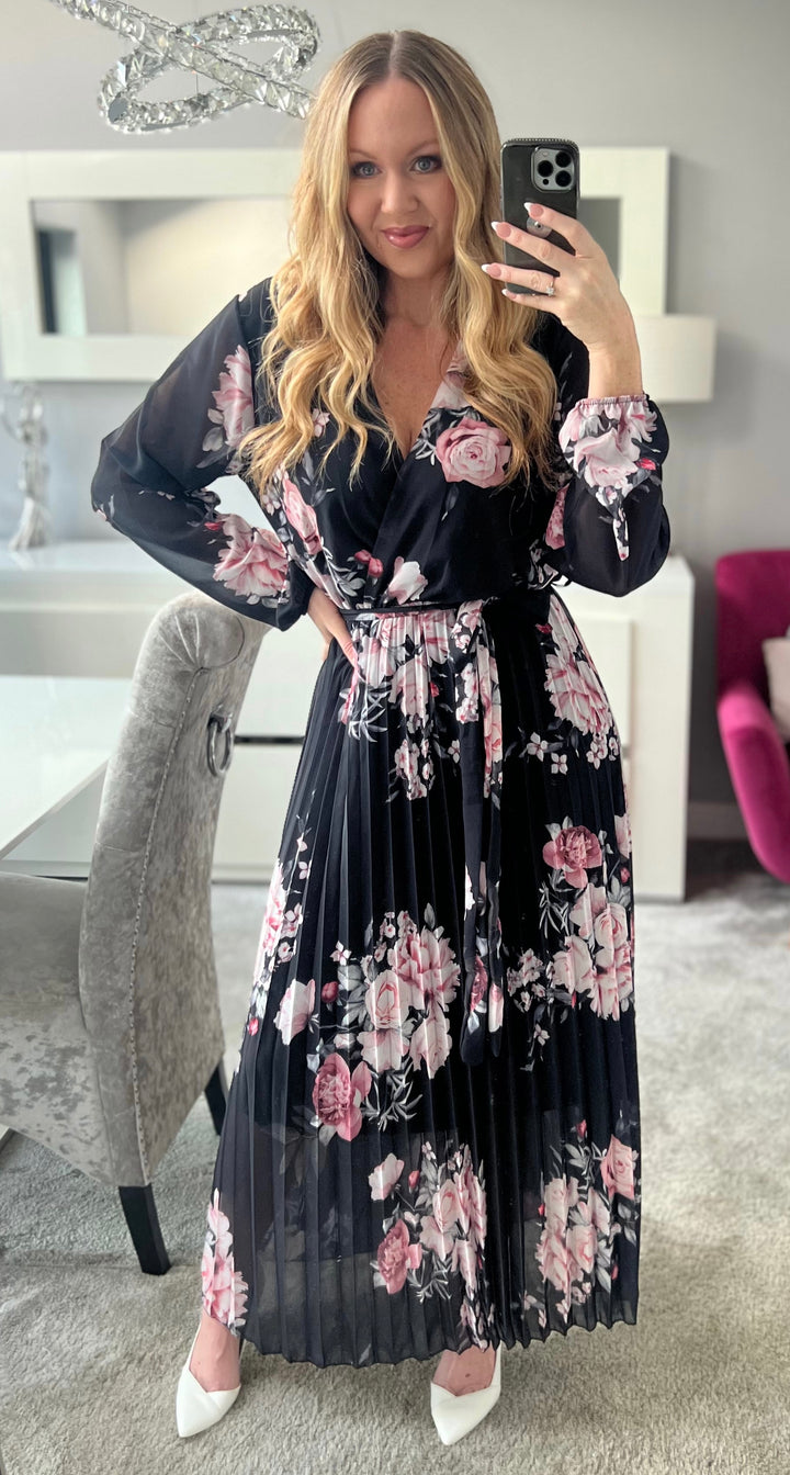 Amalfi Coast Black & Pale Pink Floral Chiffon Long Sleeve Pleated Belted Maxi Dress
