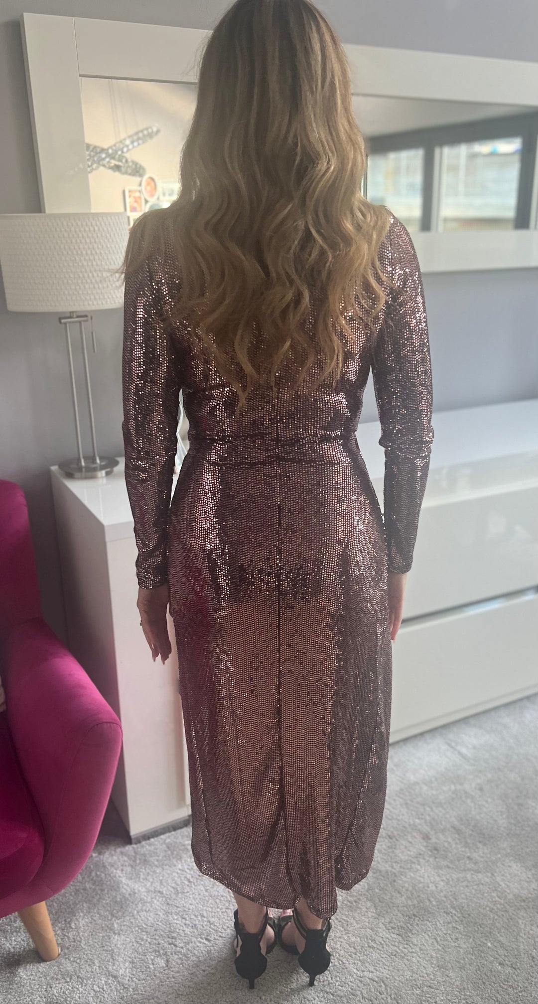 All That Glitters Rose Gold Sequin Long Sleeve Wrap Midi Dress