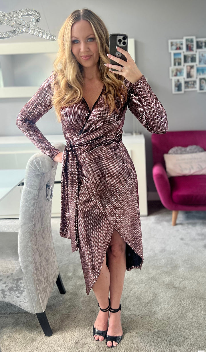 All That Glitters Rose Gold Sequin Long Sleeve Wrap Midi Dress