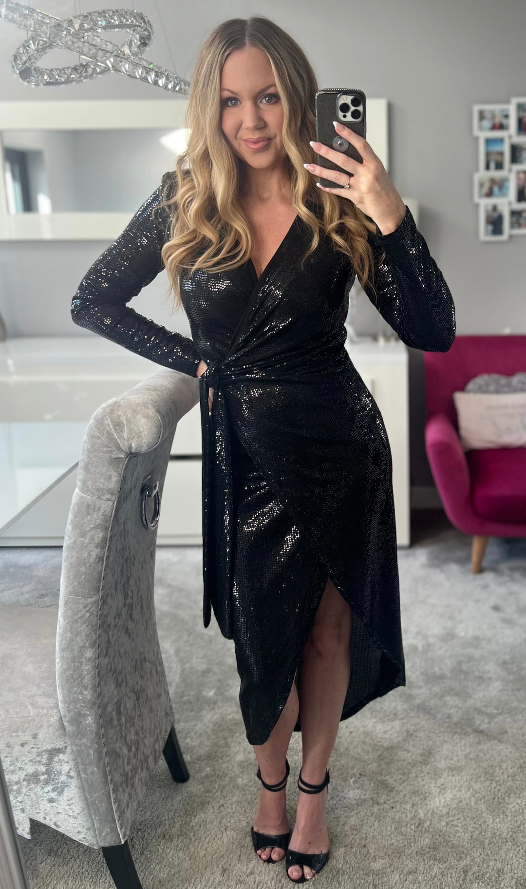 All That Glitters Black Sequin Long Sleeve Wrap Midi Dress