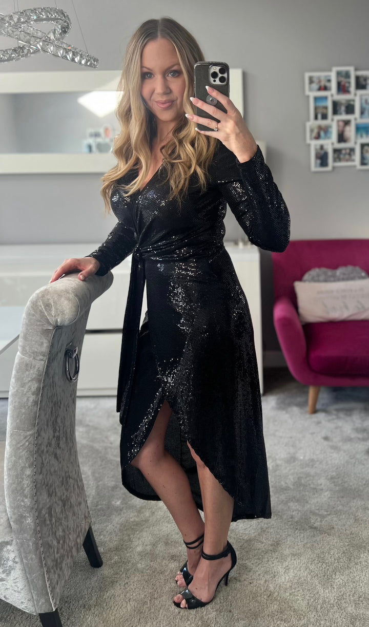 All That Glitters Black Sequin Long Sleeve Wrap Midi Dress
