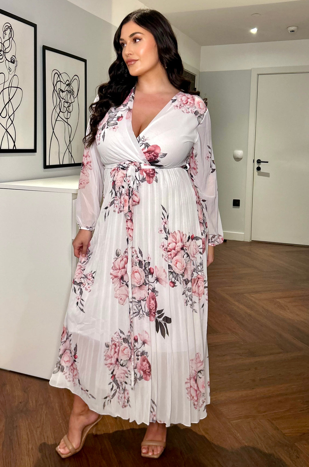 Amalfi Coast White Floral Chiffon Long Sleeve Pleated Belted Maxi Dress