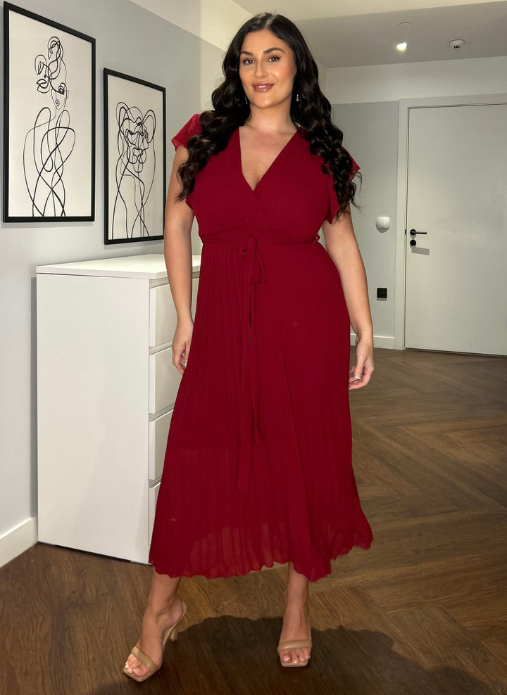Amalfi Coast Burgundy Wine Chiffon Short Sleeve Pleated Belted Maxi Dress