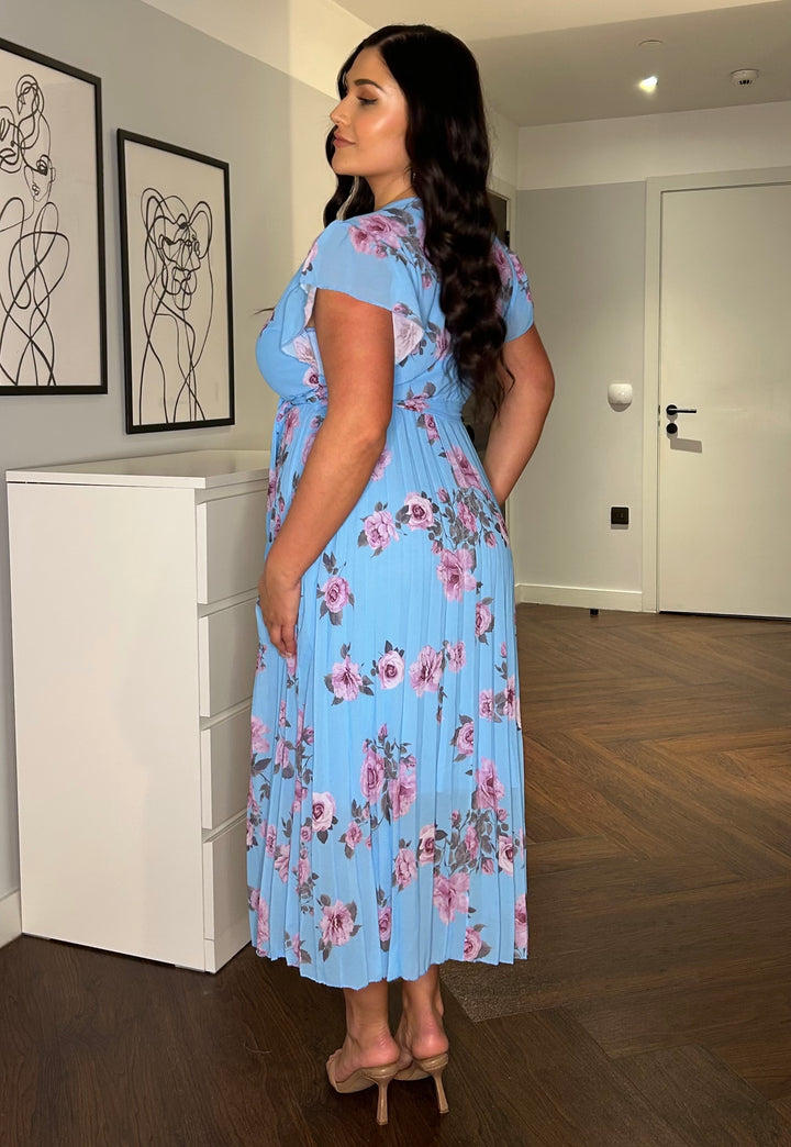Amalfi Coast Sky Blue Floral Chiffon Short Sleeve Pleated Belted Maxi Dress