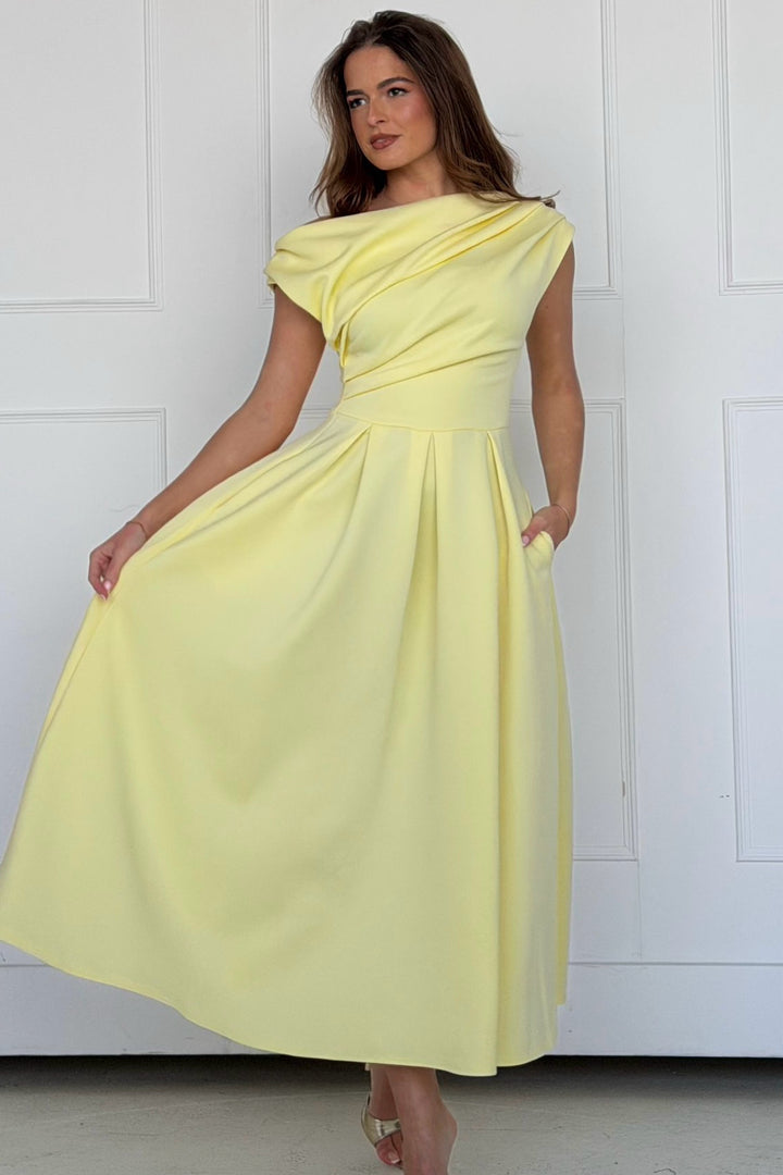 Betty Yellow Asymmetric Neckline Skater Midi Dress With Pockets