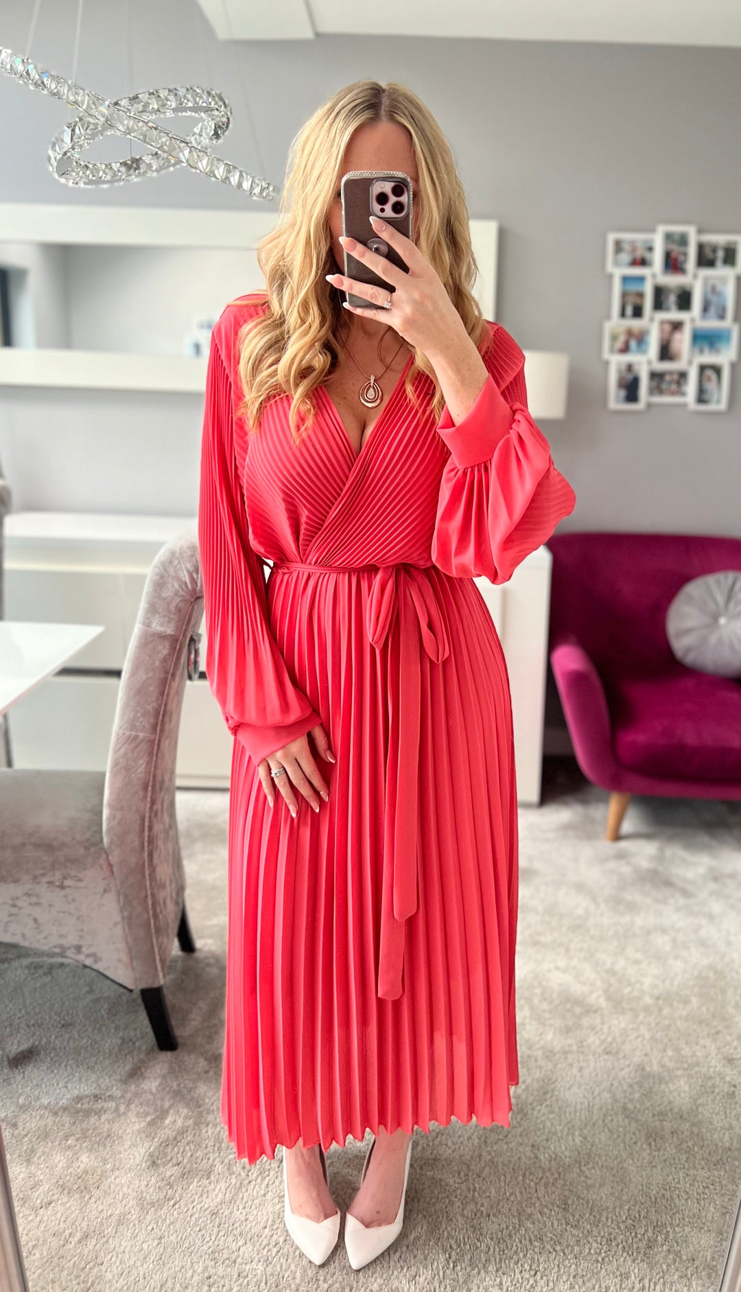 Lucile Coral Chiffon Plisse Pleated Belted Long Sleeve Maxi Dress