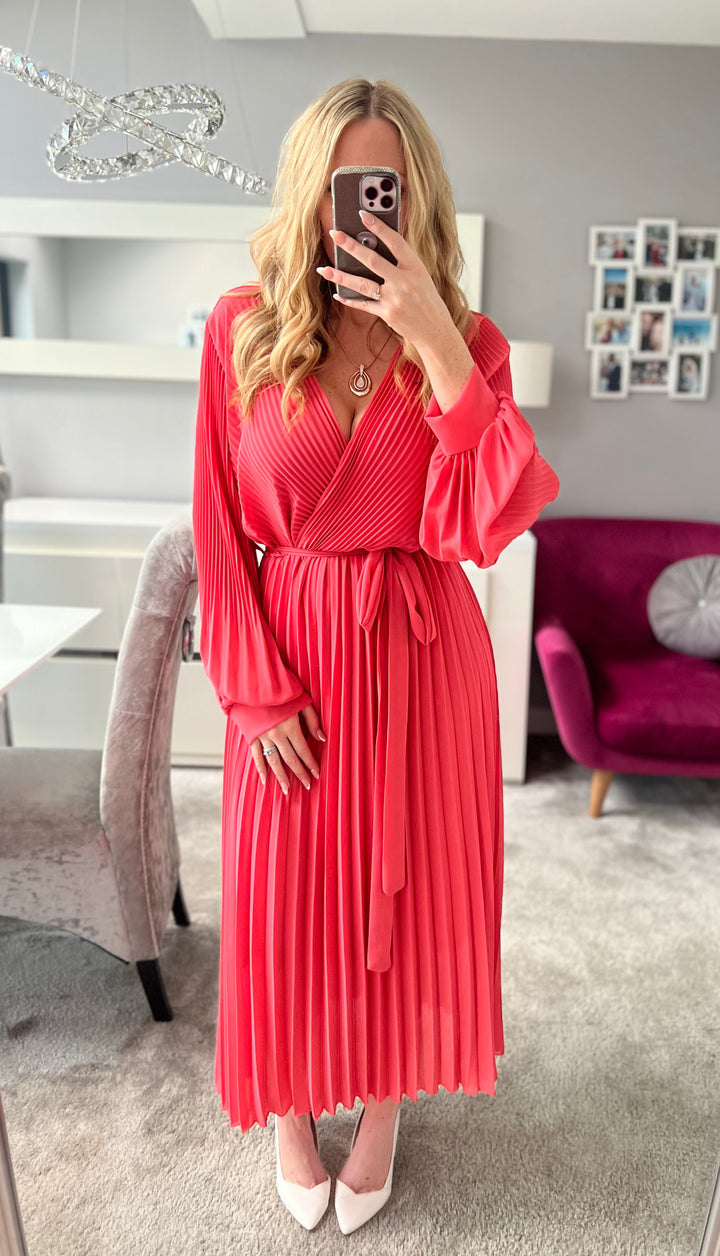Lucile Coral Chiffon Plisse Pleated Belted Long Sleeve Maxi Dress