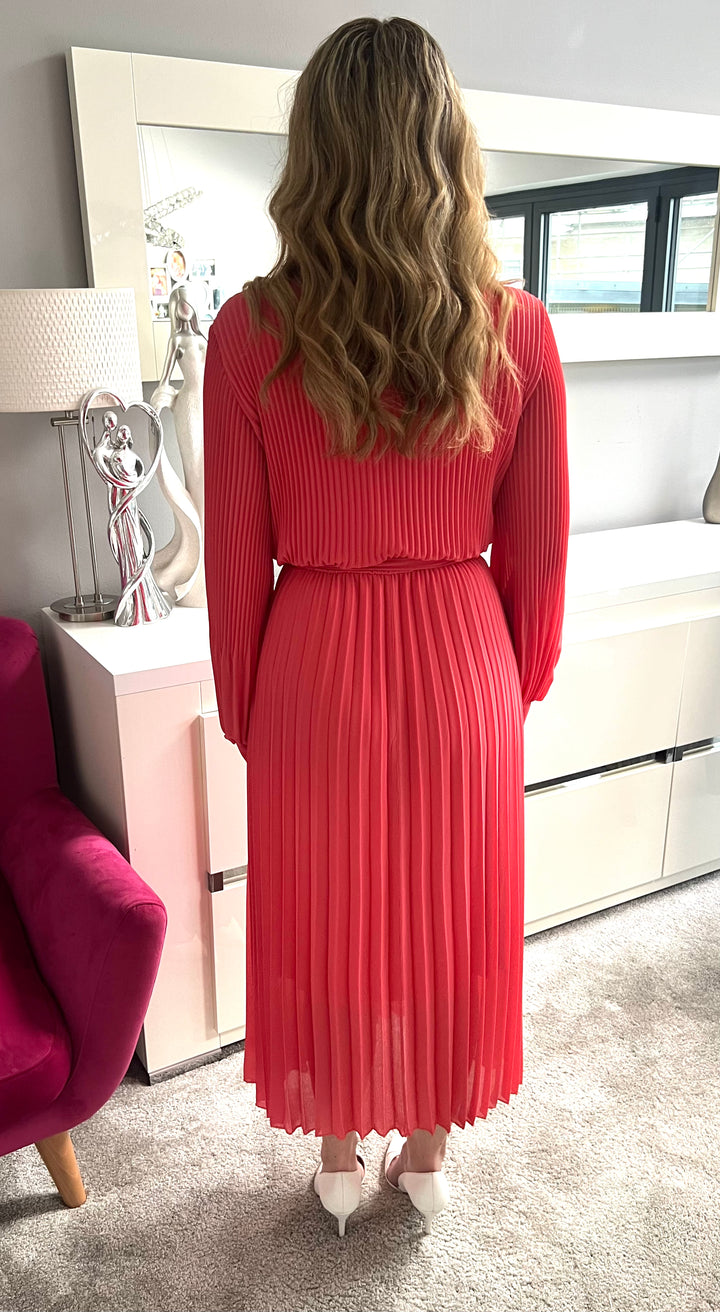 Lucile Coral Chiffon Plisse Pleated Belted Long Sleeve Maxi Dress