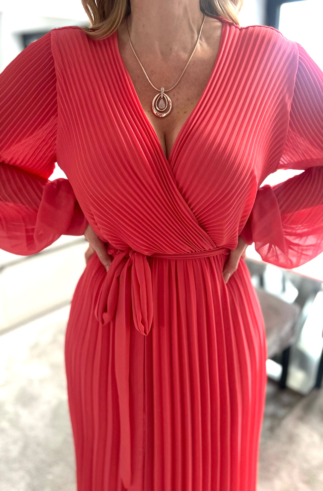 Lucile Coral Chiffon Plisse Pleated Belted Long Sleeve Maxi Dress