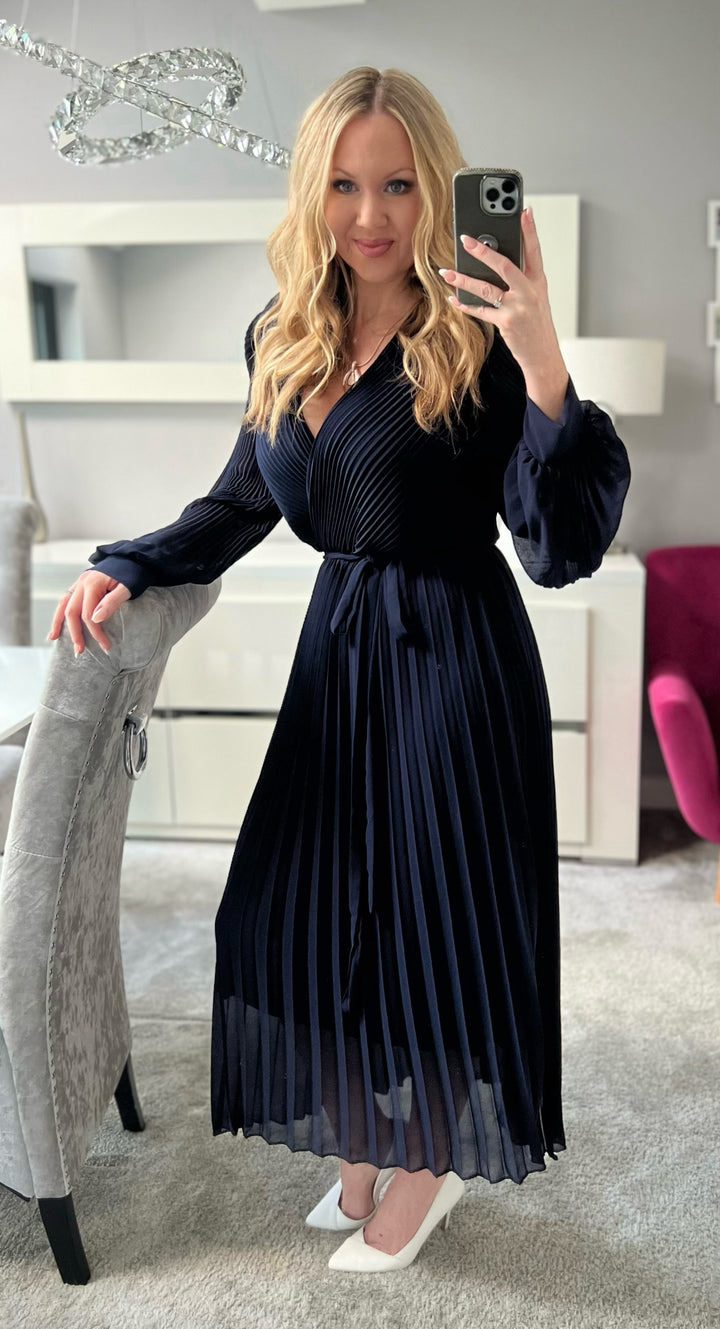 Lucile Navy Blue Chiffon Pleated Belted Long Sleeve Maxi Dress