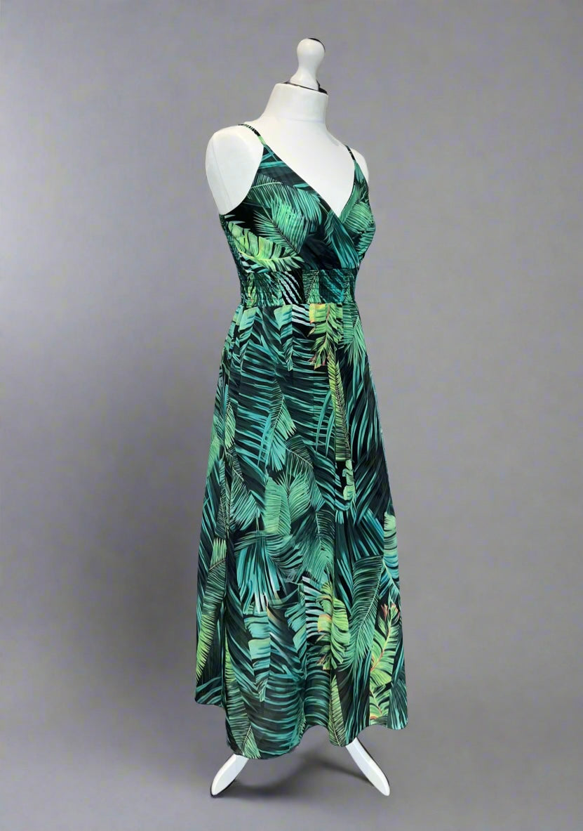 Kayleigh Green Palm Print Cami Strap Shirred Maxi Dress