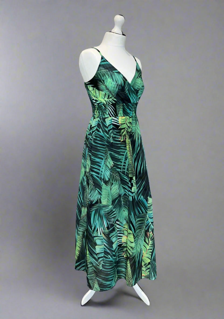 Kayleigh Green Palm Print Cami Strap Shirred Maxi Dress