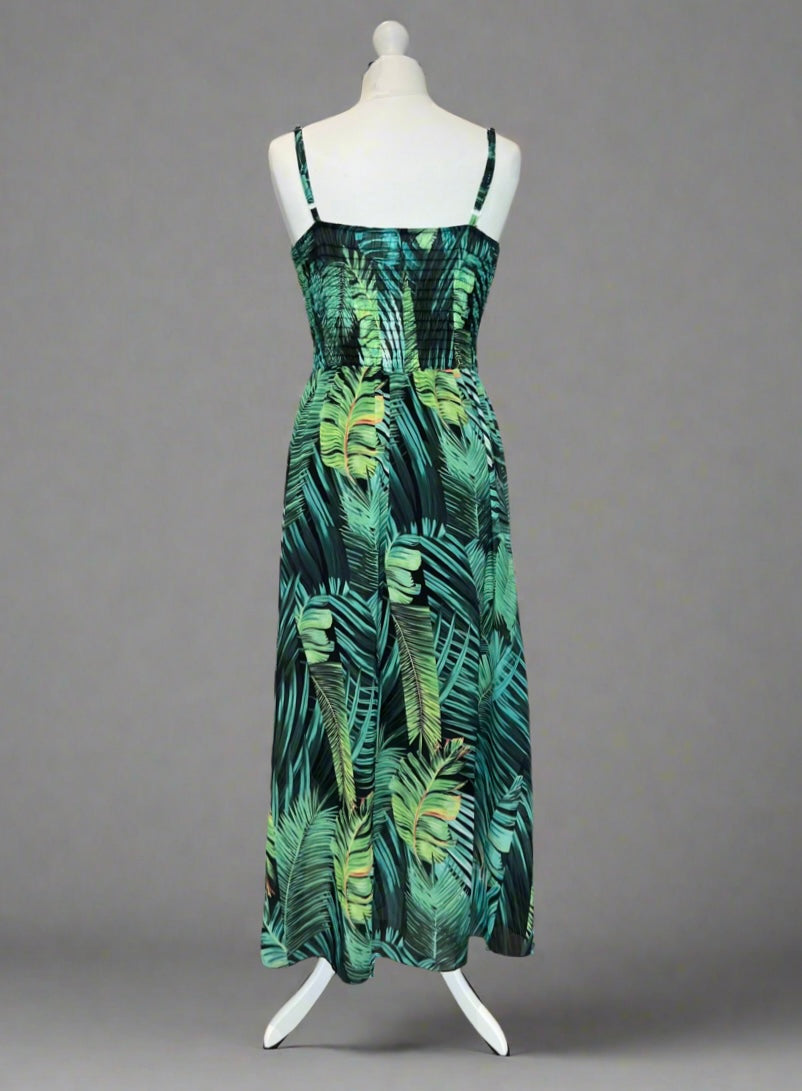 Kayleigh Green Palm Print Cami Strap Shirred Maxi Dress