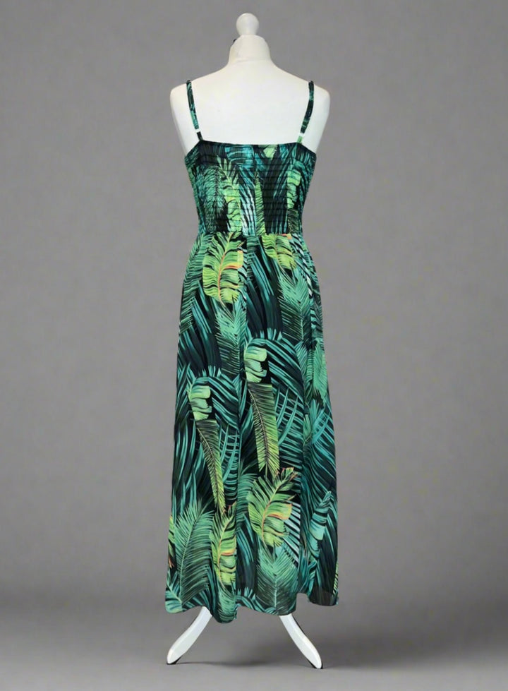 Kayleigh Green Palm Print Cami Strap Shirred Maxi Dress