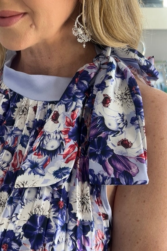 Antigua Lilac Floral Halter Tie Neck Pleated Maxi Dress