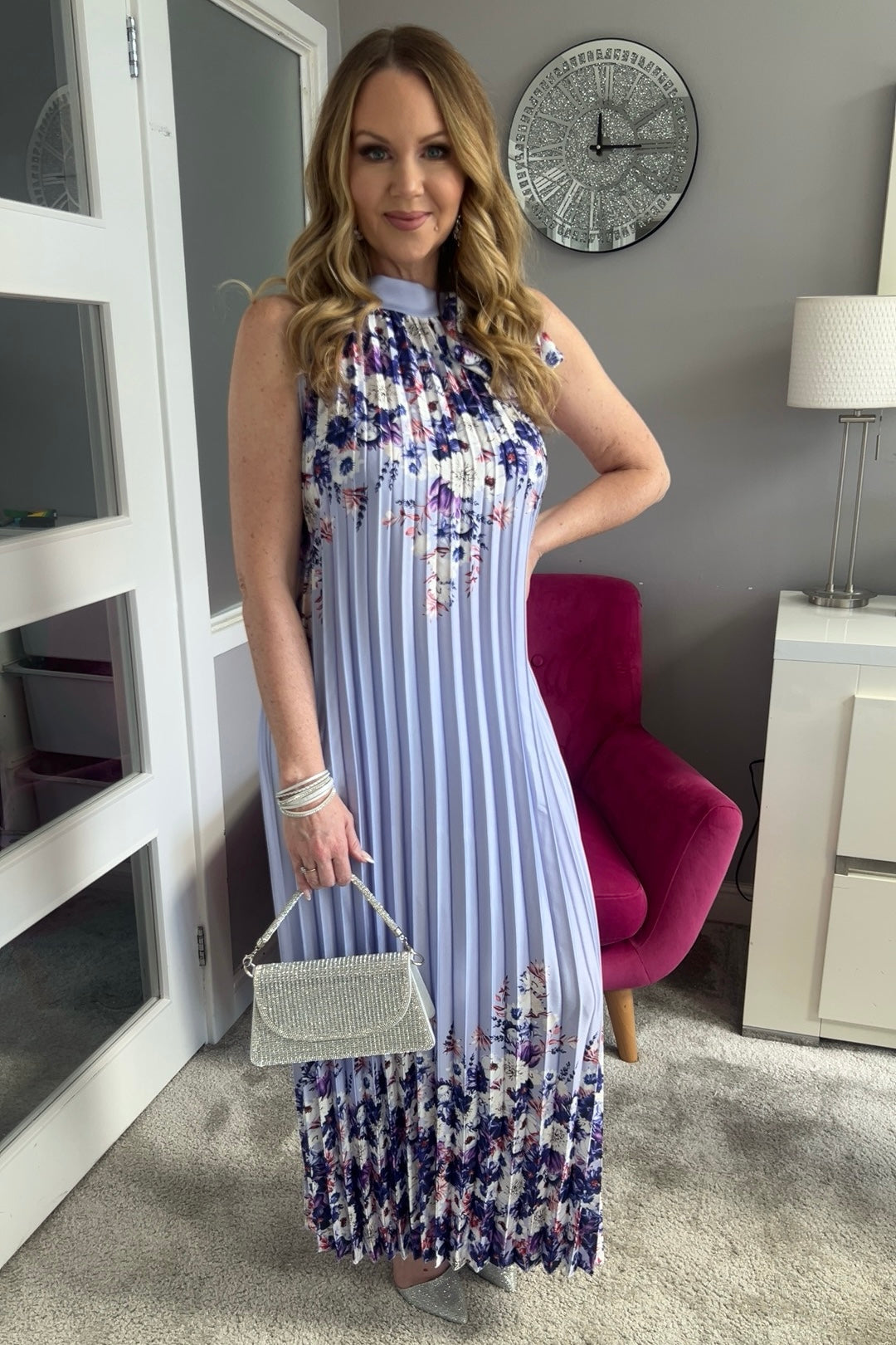 Antigua Lilac Floral Halter Tie Neck Pleated Maxi Dress
