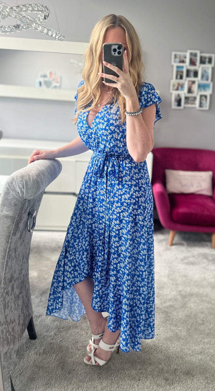 Laura Blue Daisy Print Mock Wrap Belted Maxi Dress