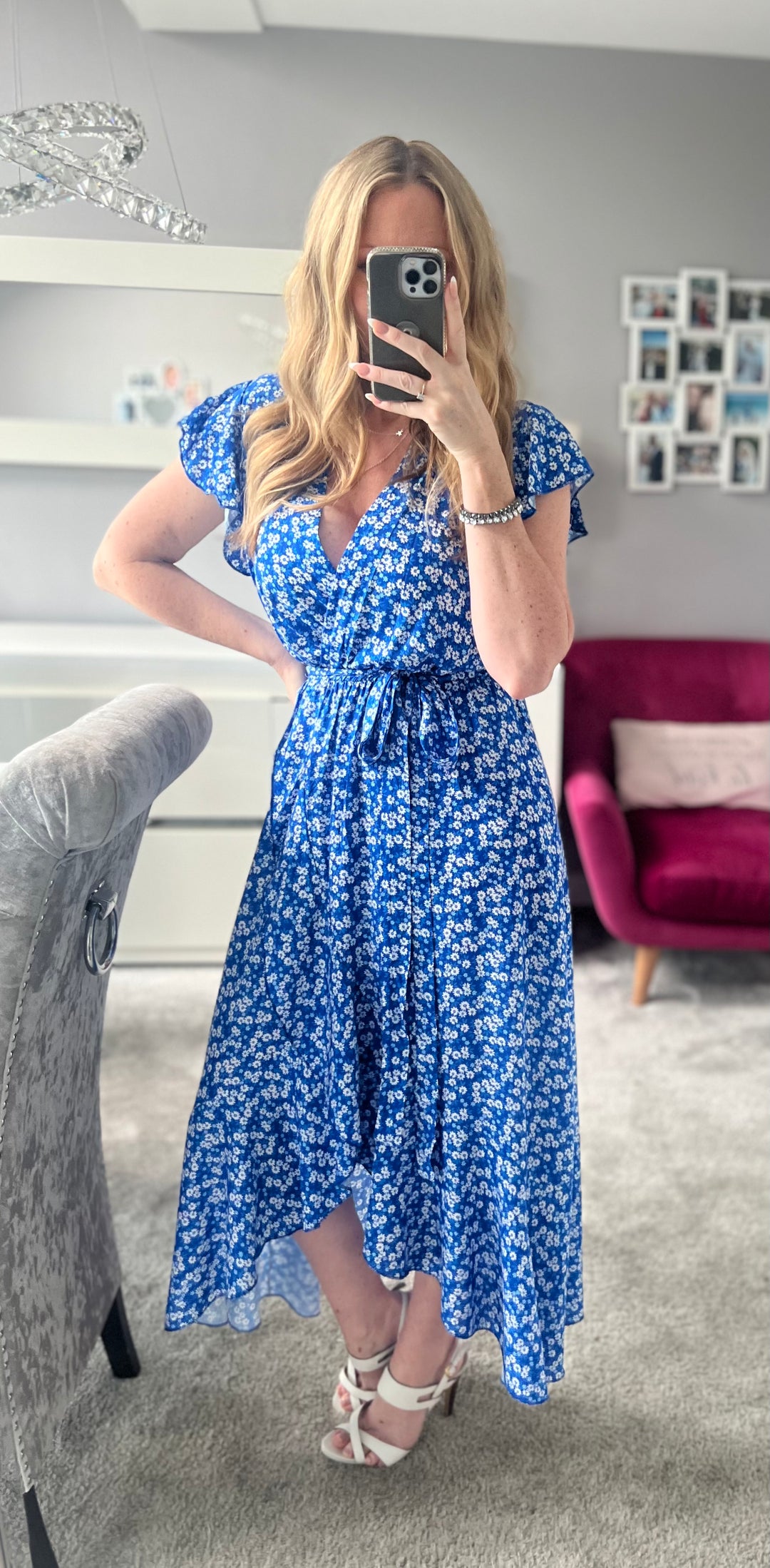 Laura Blue Daisy Print Mock Wrap Belted Maxi Dress