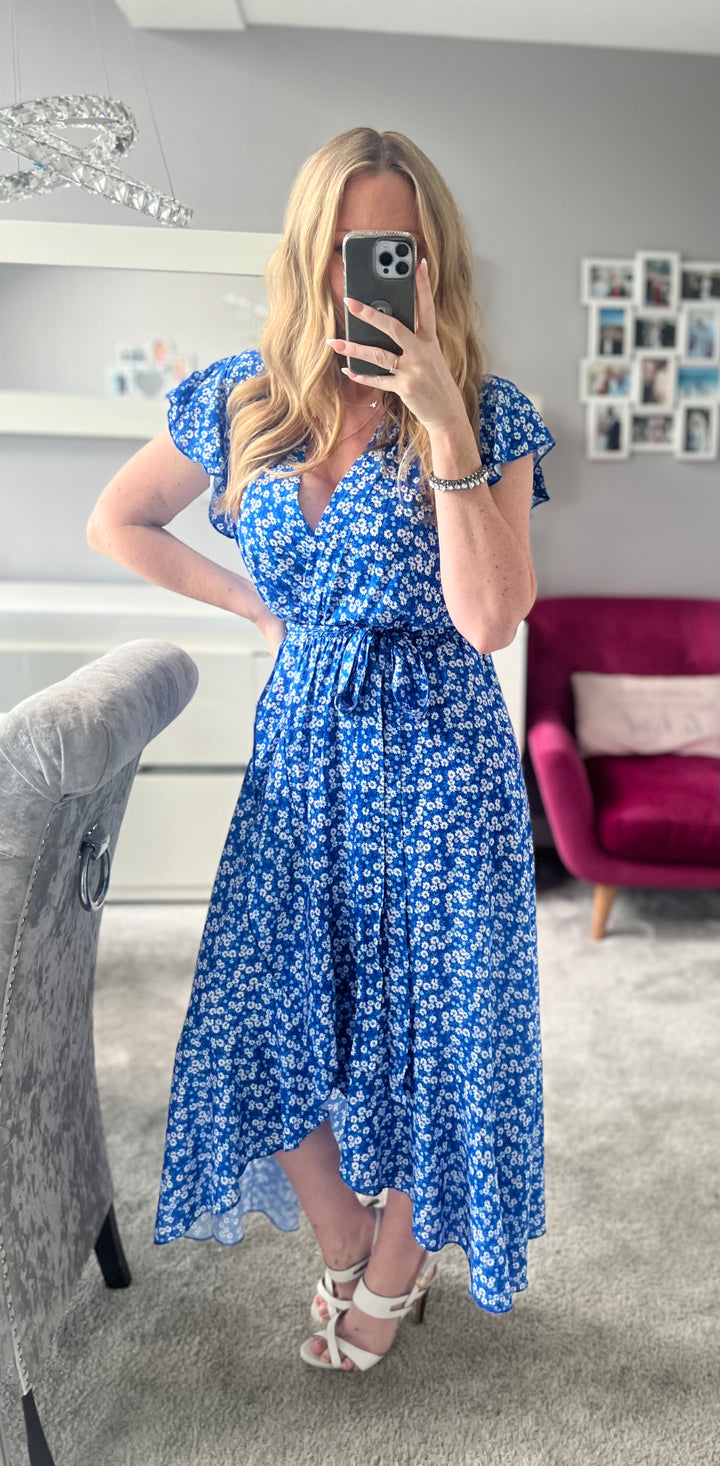 Laura Blue Daisy Print Mock Wrap Belted Maxi Dress