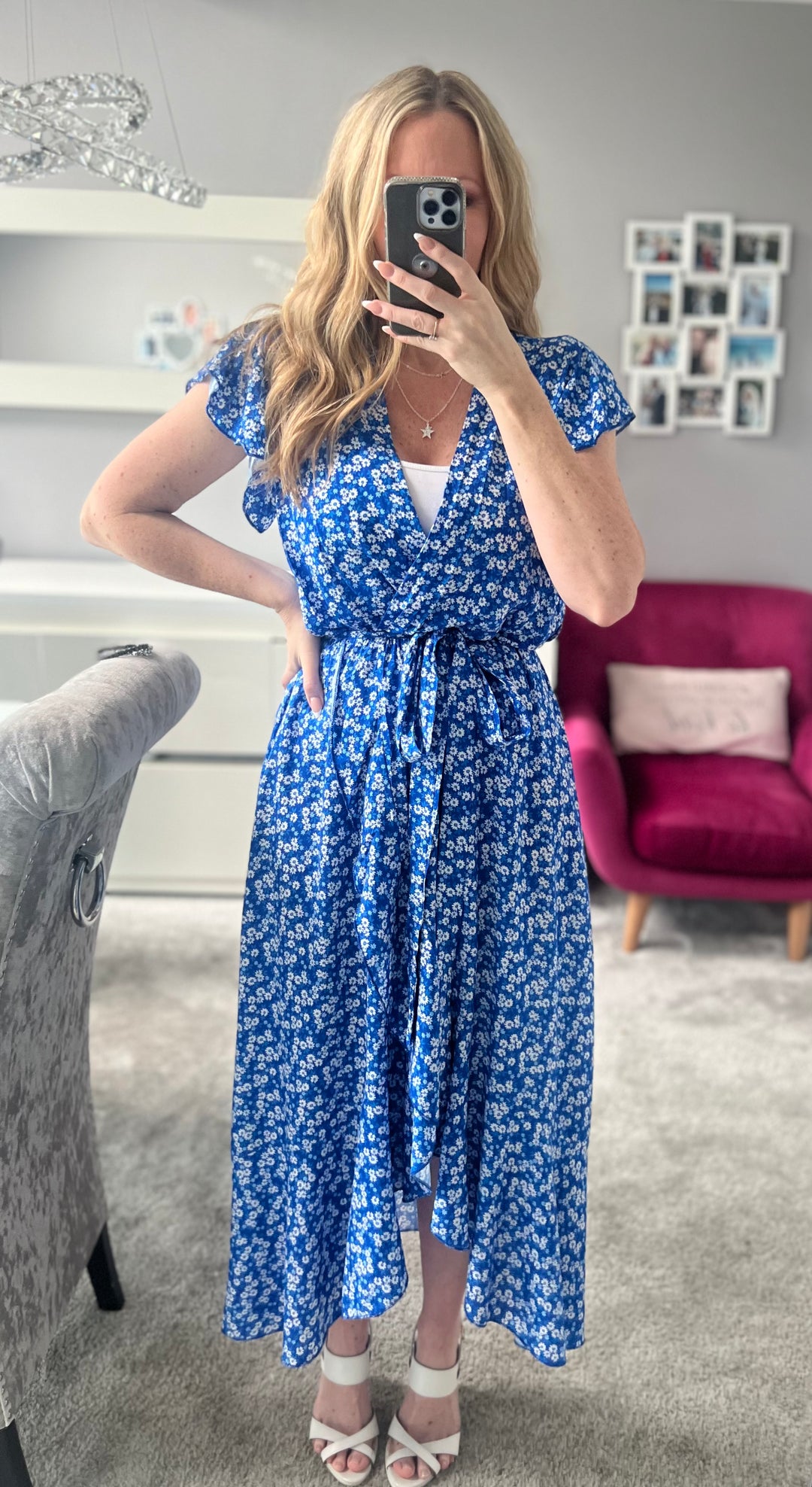 Laura Blue Daisy Print Mock Wrap Belted Maxi Dress