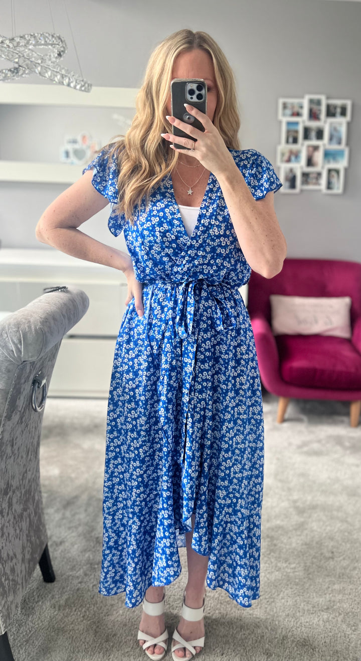 Laura Blue Daisy Print Mock Wrap Belted Maxi Dress