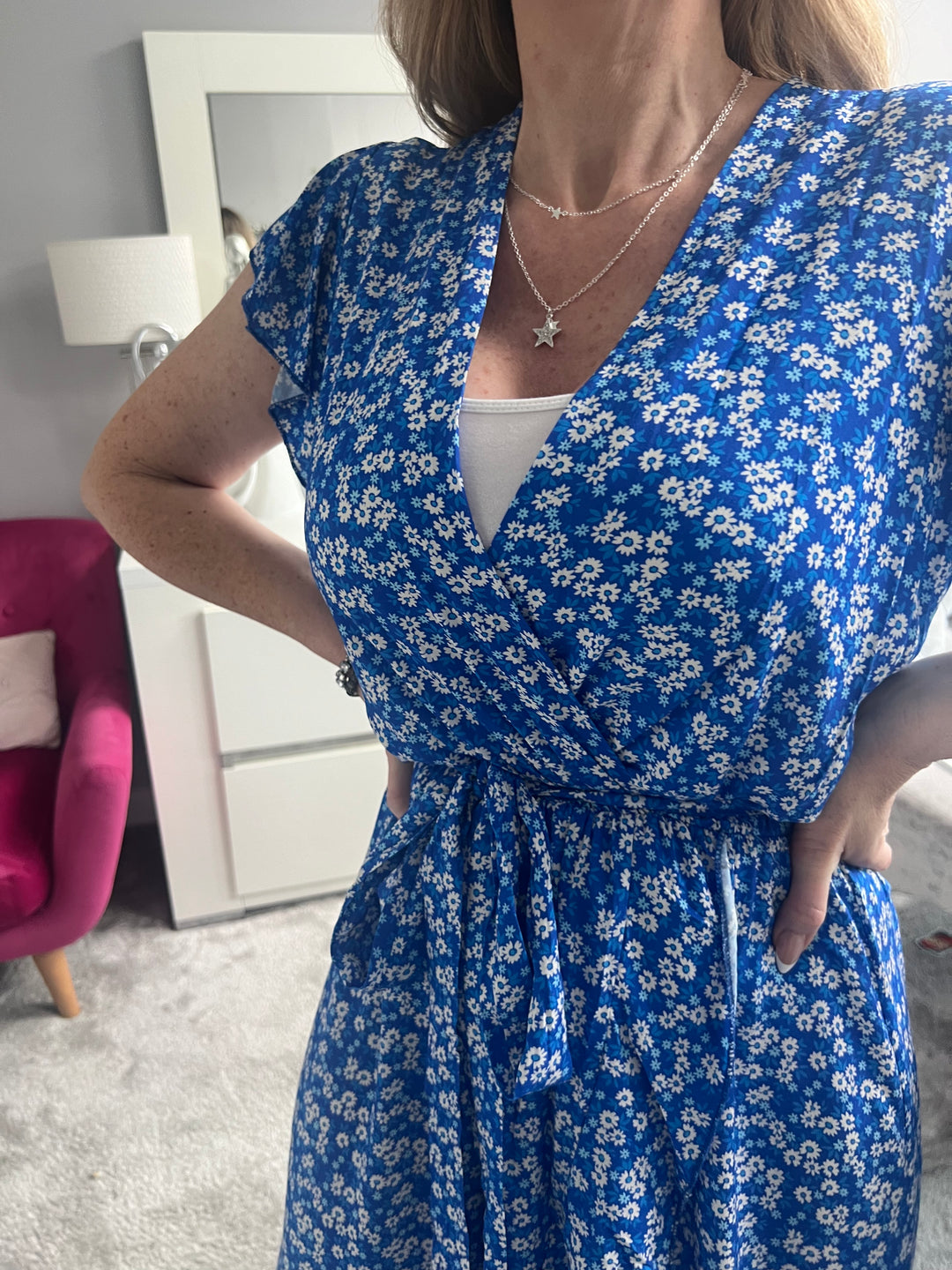 Laura Blue Daisy Print Mock Wrap Belted Maxi Dress