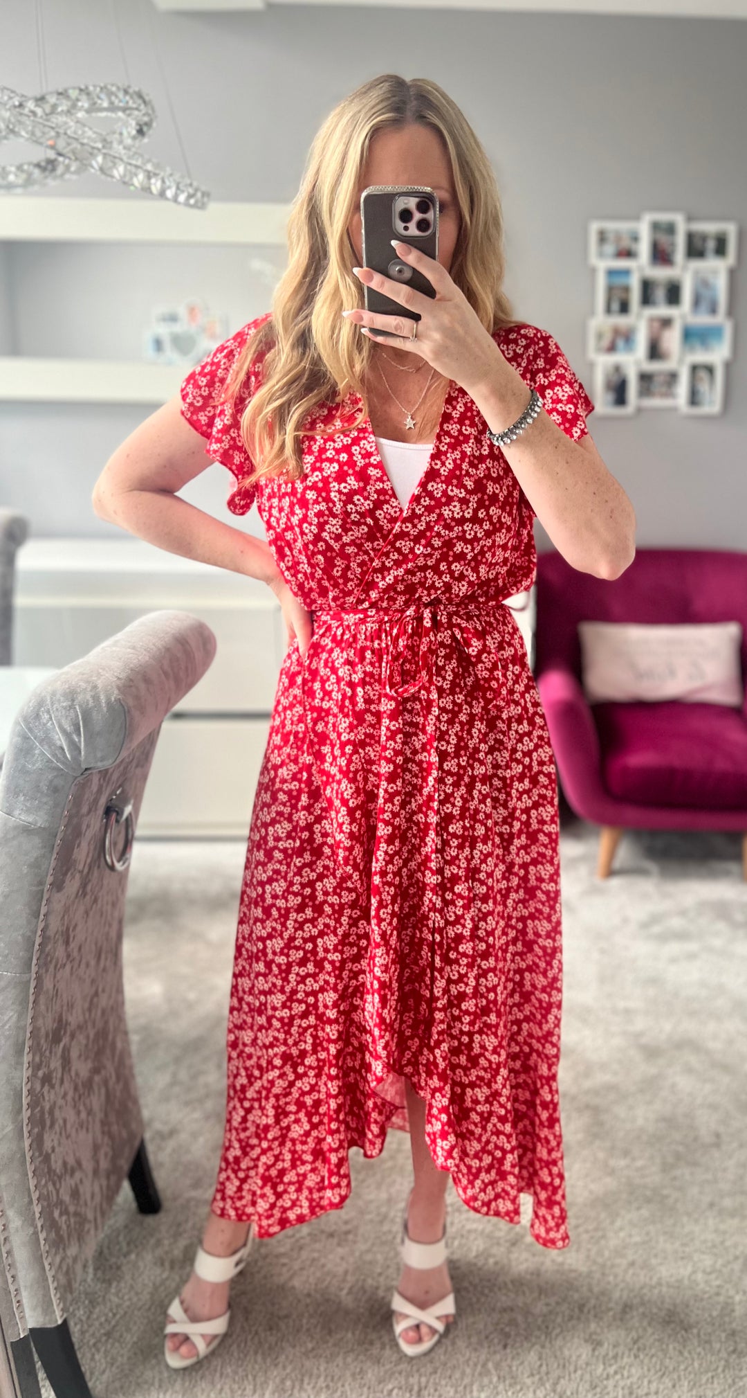 Laura Red Daisy Print Mock Wrap Belted Maxi Dress