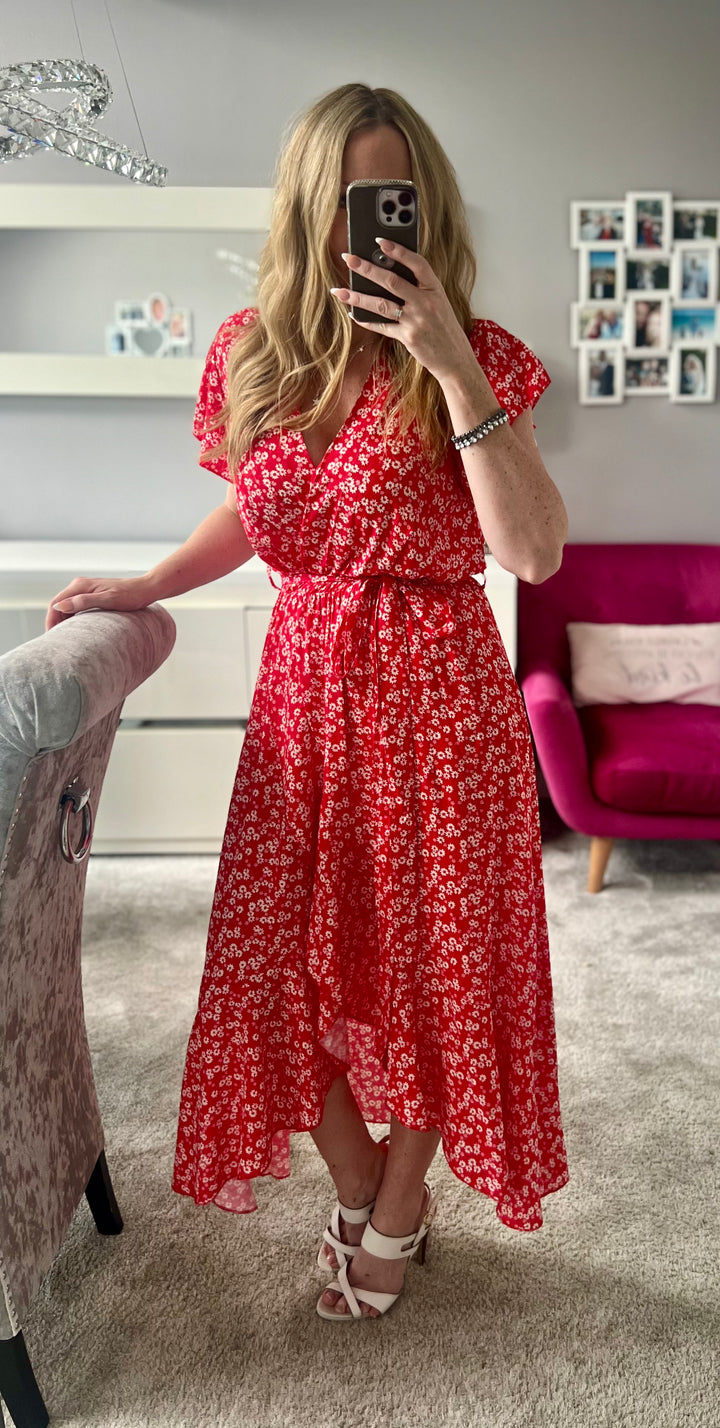 Laura Red Daisy Print Mock Wrap Belted Maxi Dress
