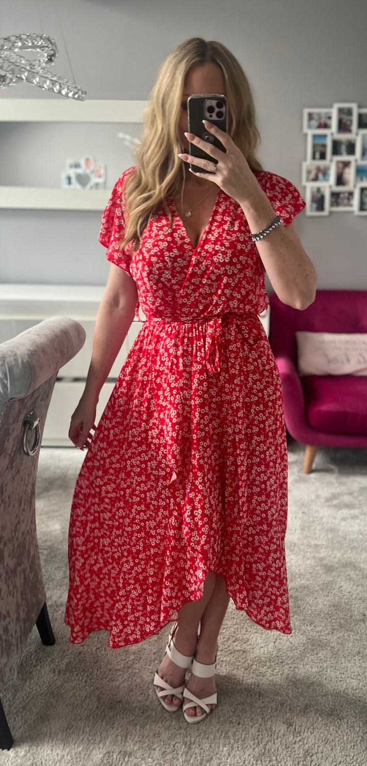 Laura Red Daisy Print Mock Wrap Belted Maxi Dress