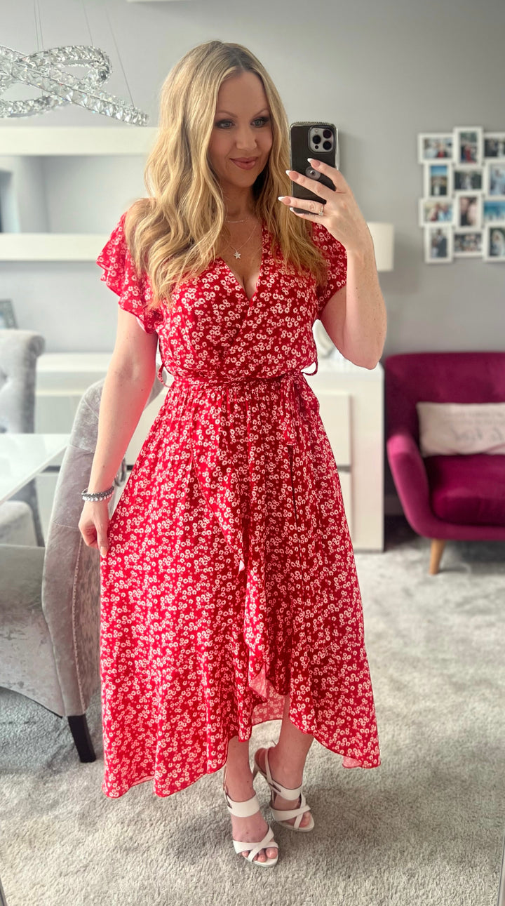 Laura Red Daisy Print Mock Wrap Belted Maxi Dress